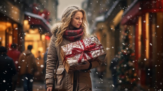 Woman carrying Christmas gifts walking down the street its Christmas time