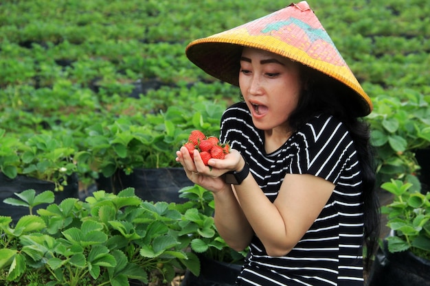 woman carrying fresh strawberries