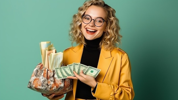 Woman carrying shopping bags and holding moneys isolated background AI generated