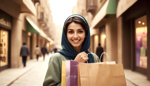 a woman carrying shopping bags in a street with a purple and purple bag