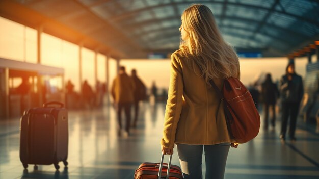 空港でスーツケースを運ぶ女性