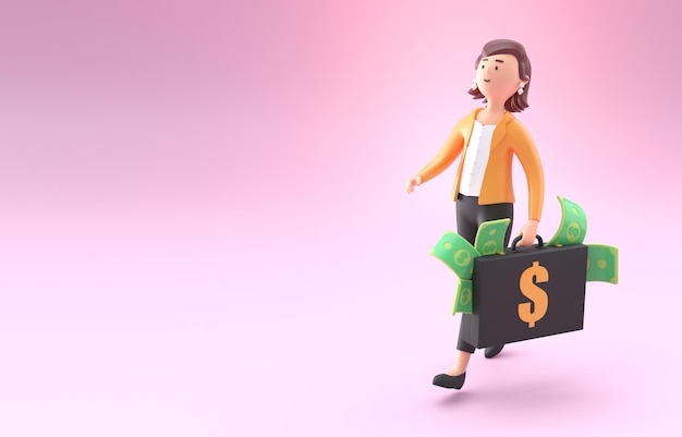 Woman Carrying a Suitcase Full of Money 3D Illustration