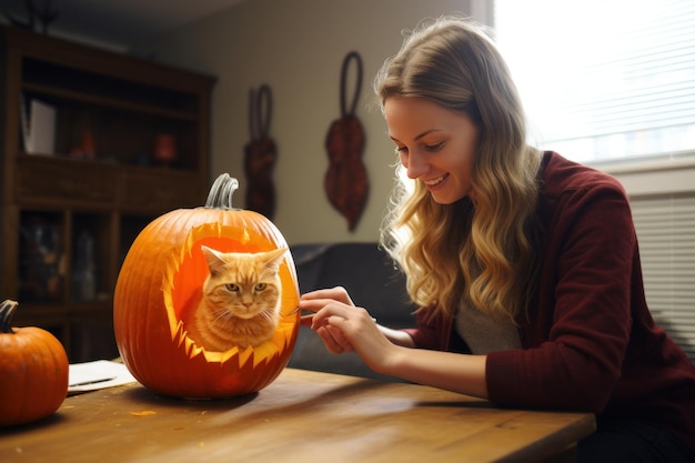 女性がハロウィンのために南瓜をり出します