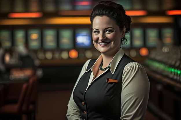 A woman in a casino wearing a black vest stands in front of a row of billiards.