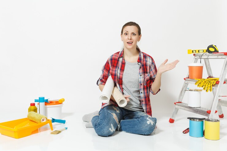 फोटो woman in casual clothes sitting on floor with wallpaper rolls, instruments for renovation apartment isolated on white background. accessories for gluing painting tools. repair home concept. copy space