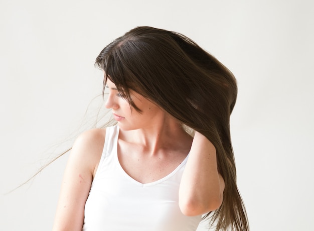Woman casual portrait brunette female long hair natural make up
