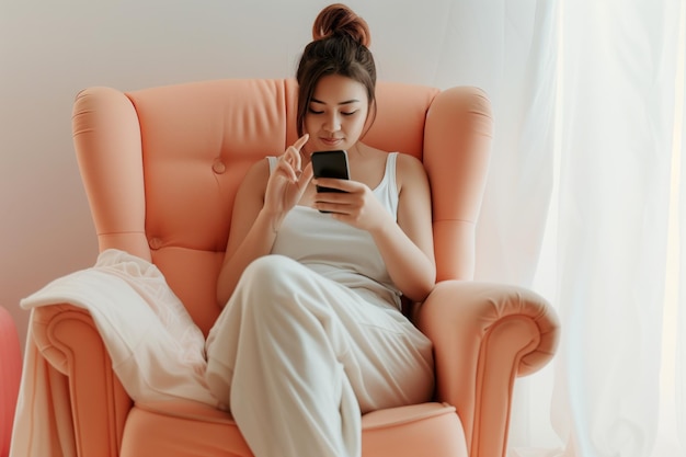 Woman in casual wear sitting on peach armchair texting on phone