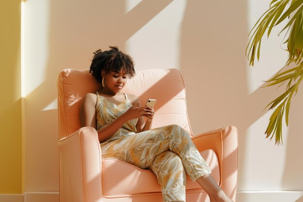 Photo woman in casual wear sitting on peach armchair texting on phone