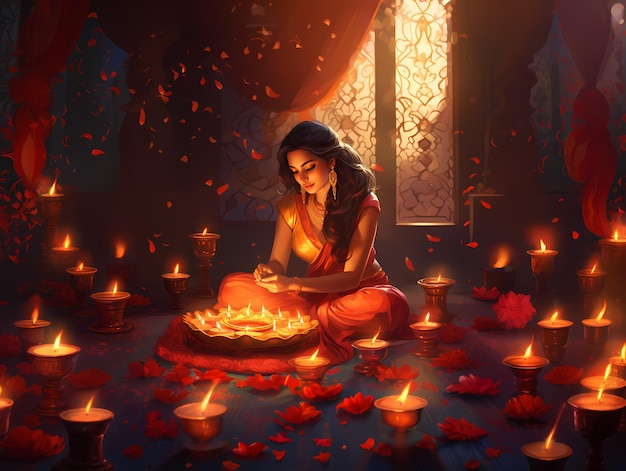 Woman celebrate diwali illustration