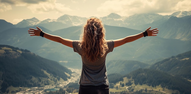 A woman celebrates nature while reaching the summit