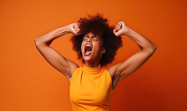 Woman celebrates victory by raising her fist in the air Creating using generative AI tools