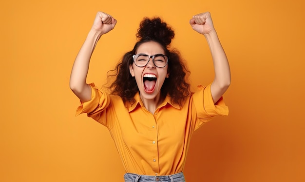 Photo woman celebrates victory by raising her fist in the air creating using generative ai tools