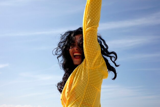 Photo woman celebrating goal in soccer brazil