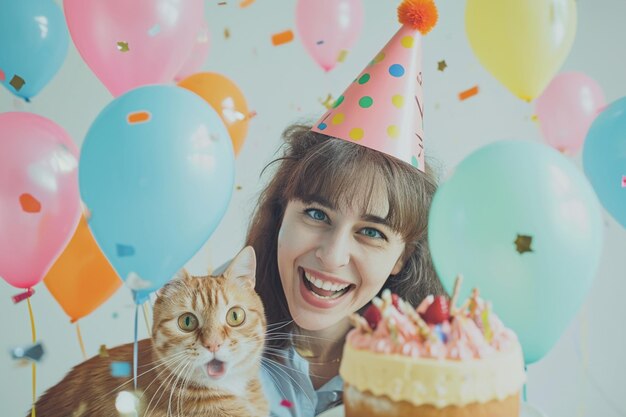 Foto una donna che celebra il compleanno del suo gatto