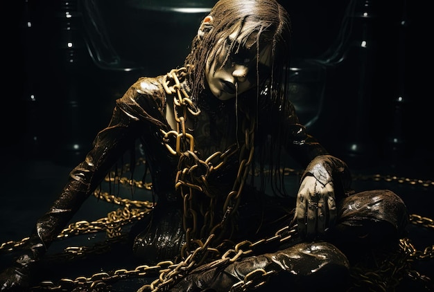 woman chained up with chains in dark in the style of golden hues