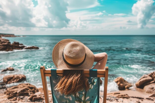 A woman in a chair gazes out at the vast ocean lost in thought and mesmerized by the beauty of the waves