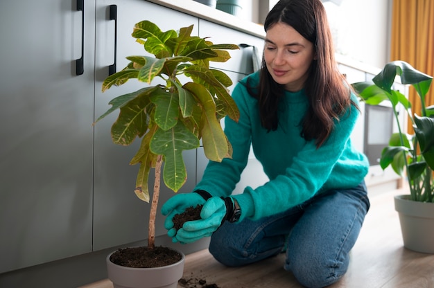 写真 検疫中に自宅で植物の鉢を変える女性