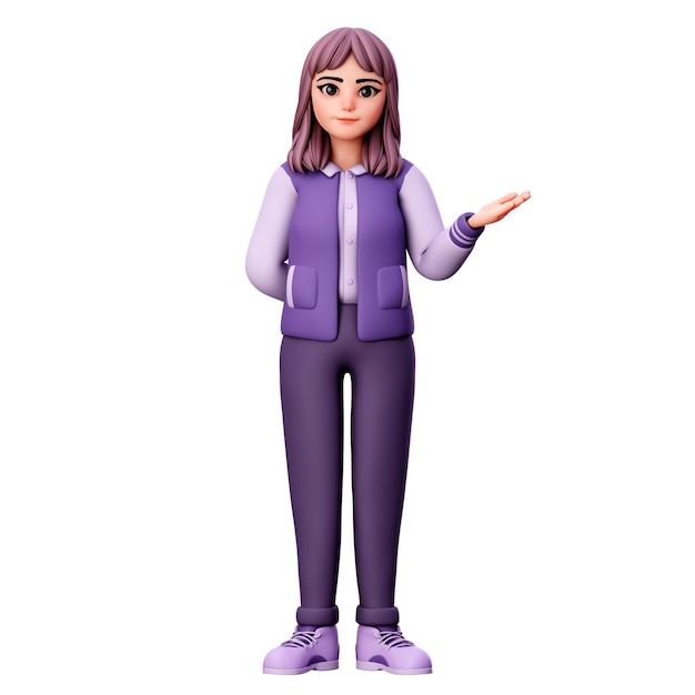 Woman Character with Purple Clothes Presenting to Right side using Both Hand 3D Render Illustration