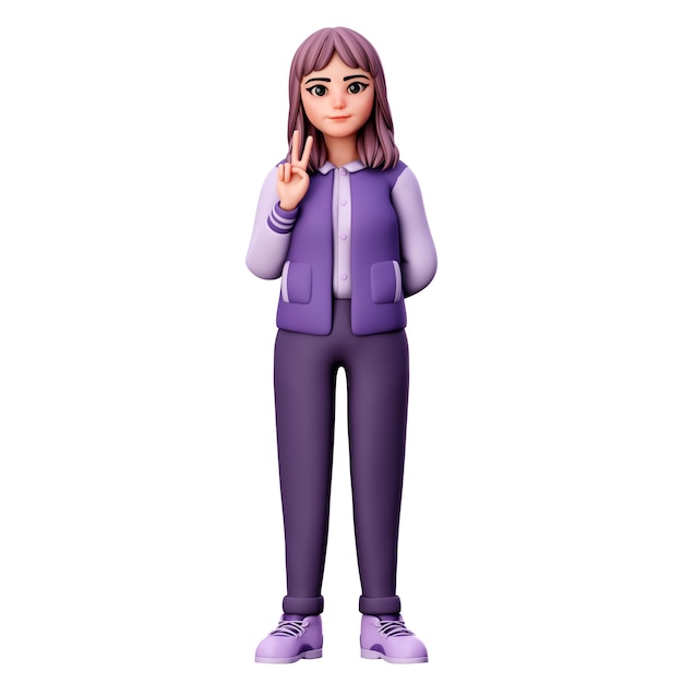 Woman Character with Purple Clothes Showing Peace Gesture using Left Hand 3D Render Illustration