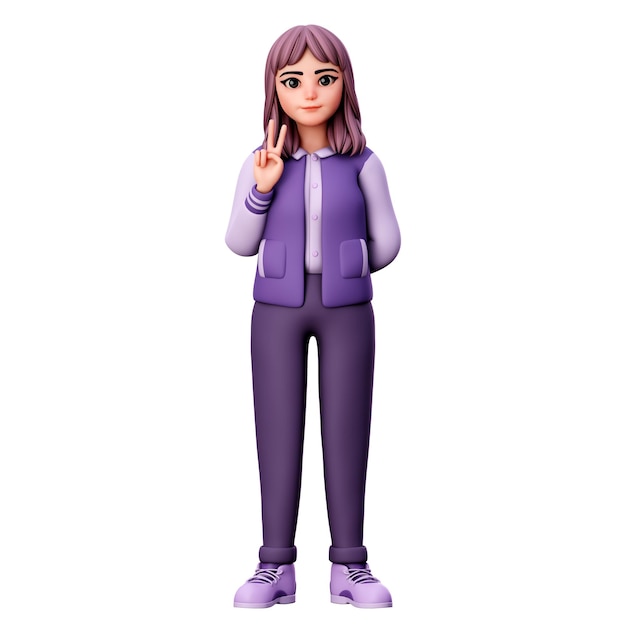 写真 左手の 3 d レンダリング図を使用して平和のジェスチャーを示す紫色の服を着た女性キャラクター