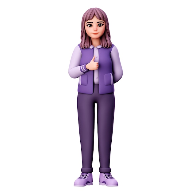 Женский персонаж с фиолетовой одеждой, показывающий большой палец вверх с помощью 3D-рендеринга левой руки