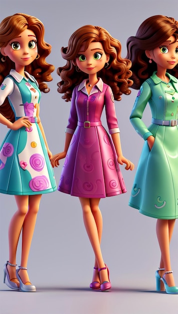 woman characters with different fashion dresses and hairstyles