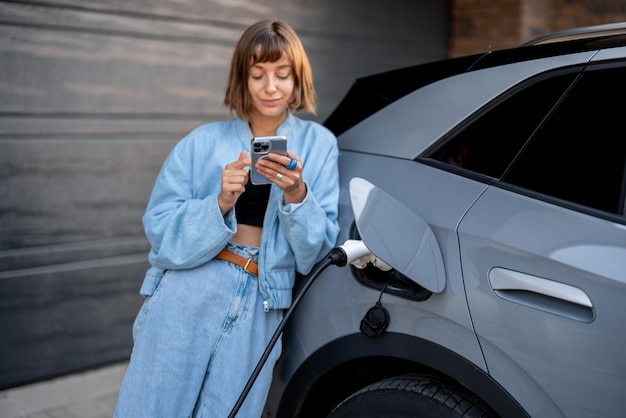 Woman charges her electric car near a house