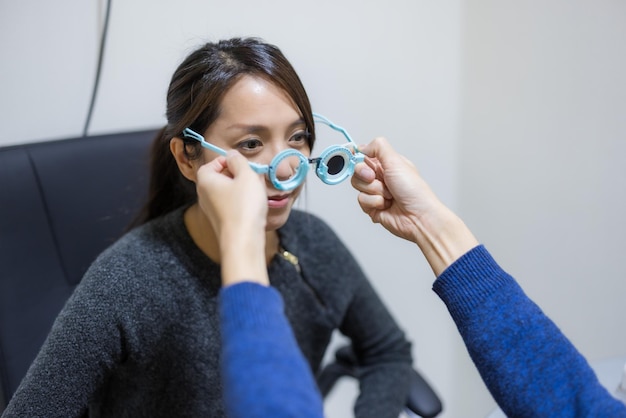 Woman check on eye in clinic