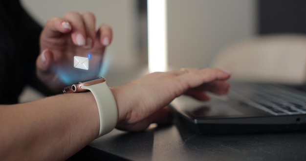 woman checking 3d rendering incoming notification on smart watch incoming text message received