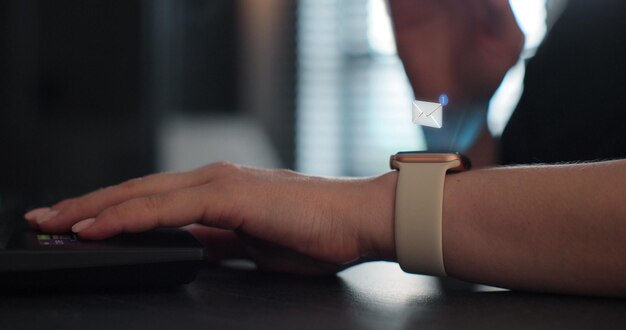woman checking 3d rendering incoming notification on smart watch incoming text message received