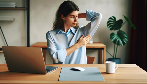 Woman Checking Breath at Work Desk