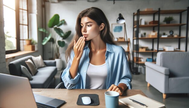 Woman Checking Breath at Work Desk