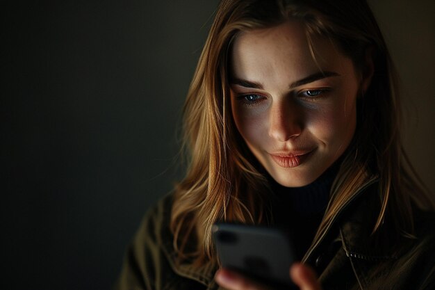 Woman Checking Cell Phone in Darkness