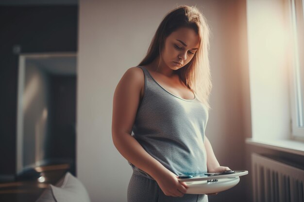 A woman checks her weight on a scale she tries to lose weight for the summer Ai generated