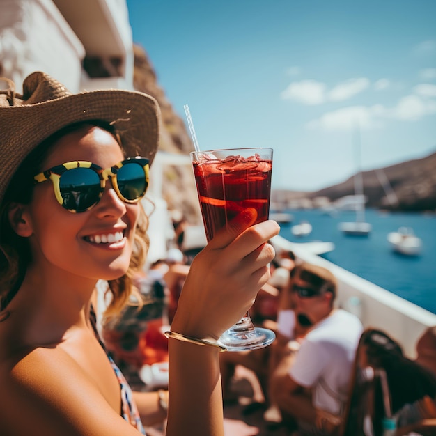 Woman cheering 2 cocktail in glasses Santorini Greece