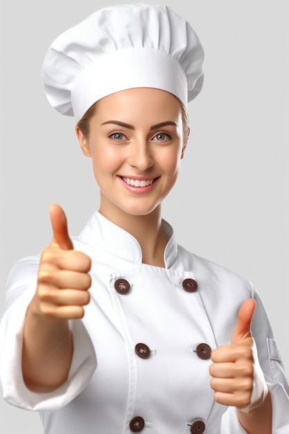 woman Chef Holding Thumbs Up With One Hand Blank Background