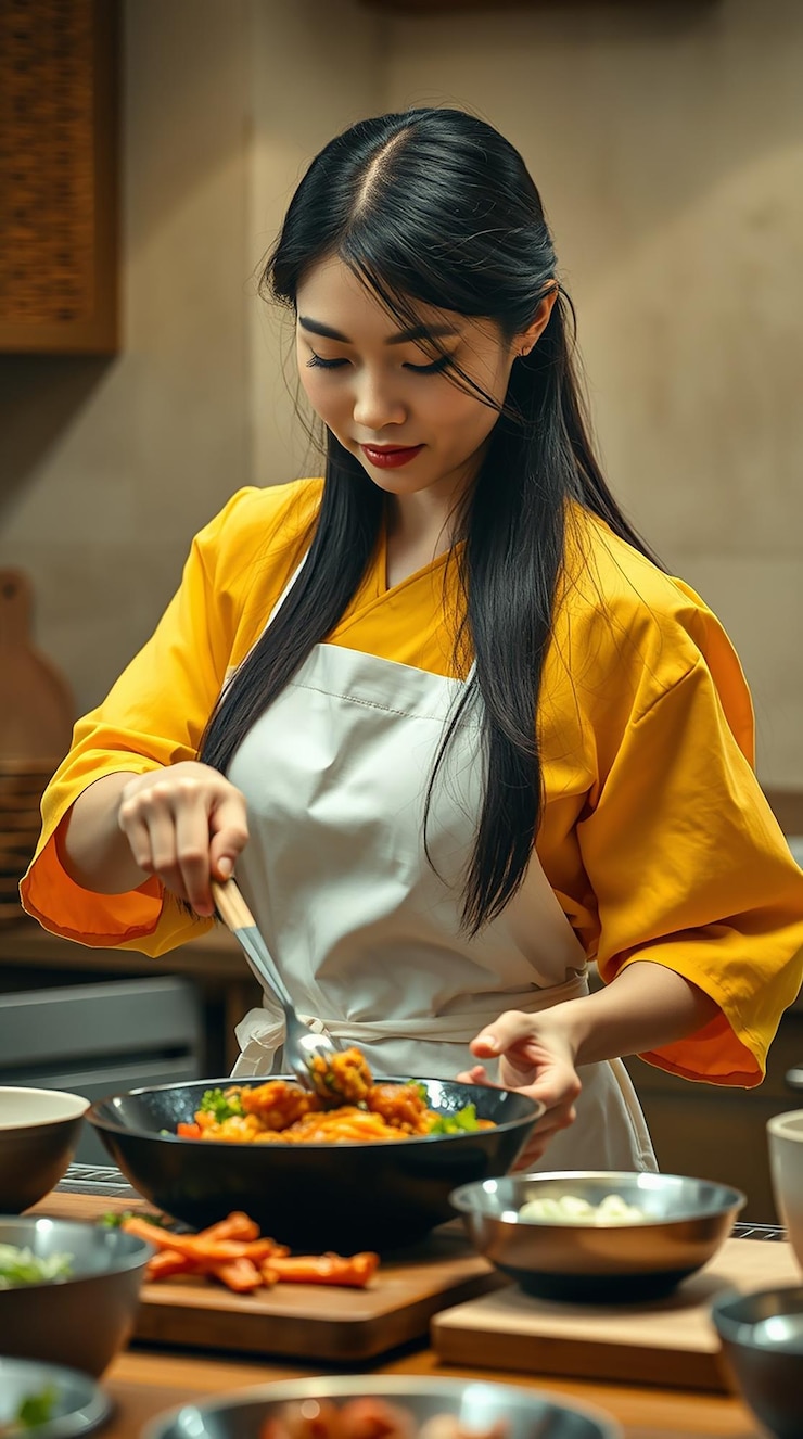 Photo 女性シェフがキッチンで料理をしています