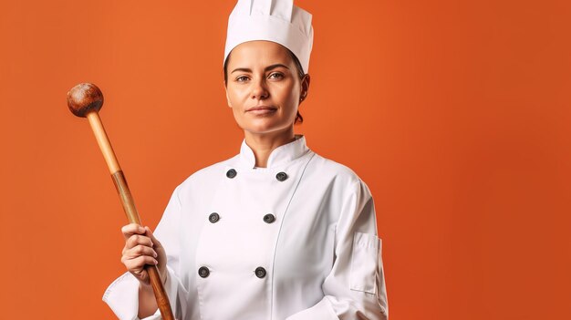 A woman in a chef's hat holds a giant pizza pan