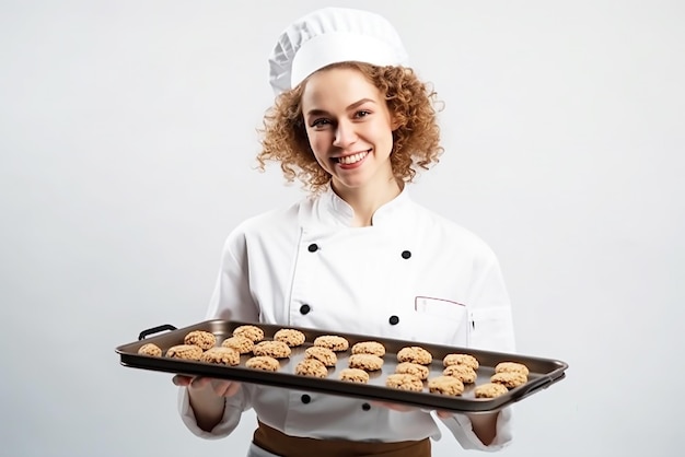 A woman in a chef's hat holds a tray of cookies.
