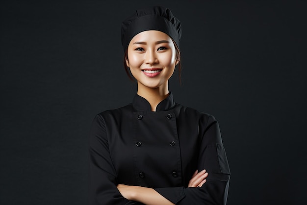 A woman in a chef's hat stands with her arms crossed.