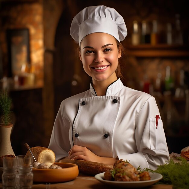 a woman in a chef's uniform sits at a table with food.