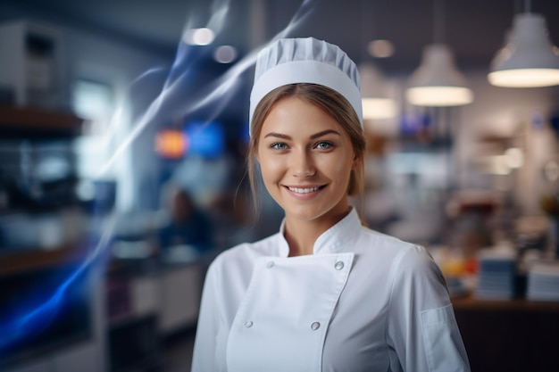 woman chef smiling in front of cuisine people photo background