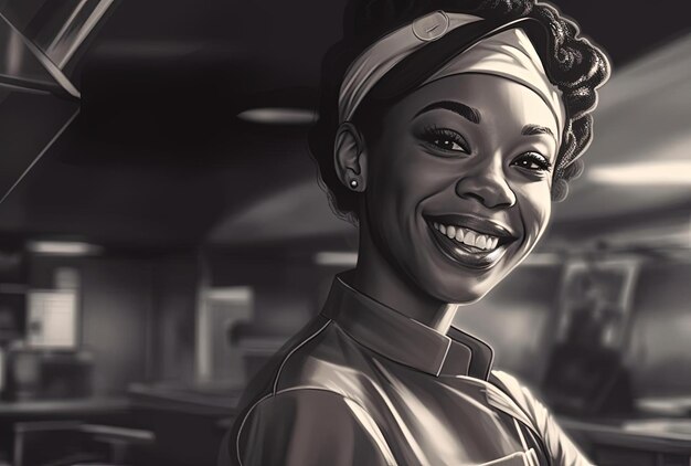 黒人芸術運動のスタイルでレストランのキッチンで笑顔のシェフの制服を着た女性