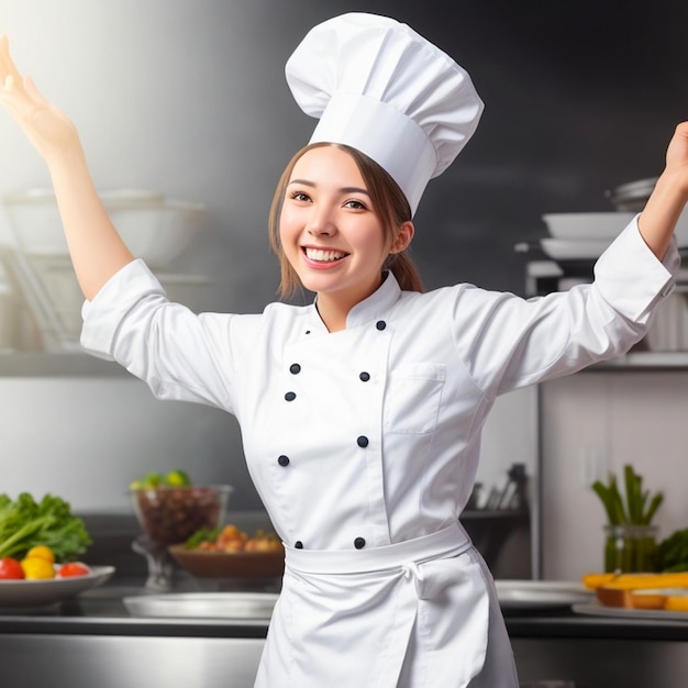 A woman in a chefs hat is celebrating a victory