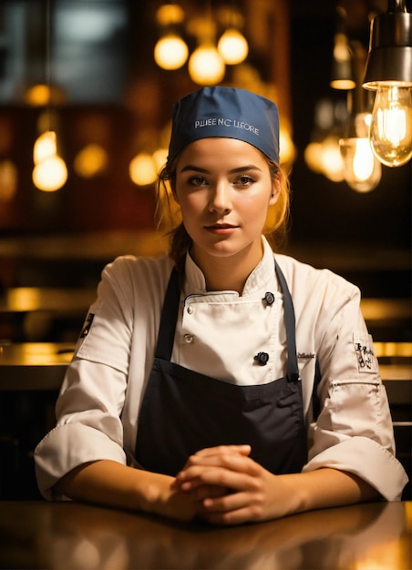 a woman in a chefs hat sits at a bar