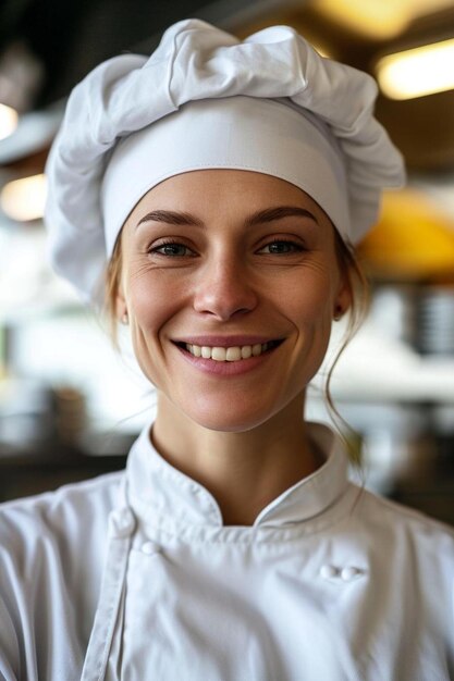 Foto una donna con un cappello da chef che sorride alla telecamera