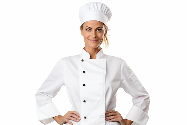 a woman in a chefs uniform poses for a photo