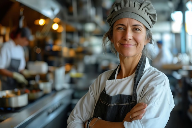 A woman in a chefs uniform standing in crowded kitchen