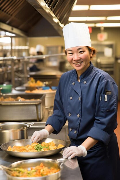 a woman in a chefs uniform stands in a kitchen with a pan of food