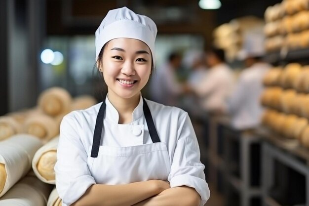 a woman in a chefs uniform with her arms crossed